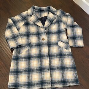 Elegant Plaid Pea Coat in Blue and Cream